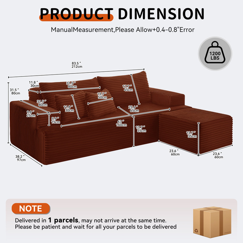 Canapé modulaire de 83,5 po de largeur avec canapé-lit modulaire Comfy, Velours orange