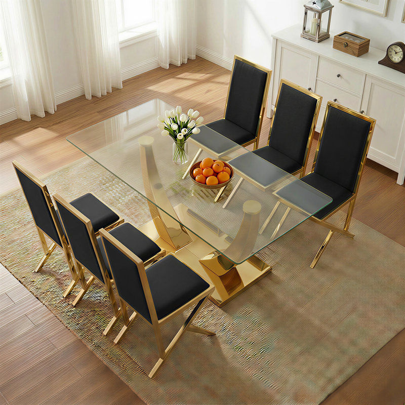 Ensemble de salle à manger 7 pièces 7 pièces, Black/Gold, 7 Pieces: Table, 6 Chairs, Gold