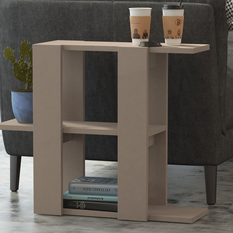 Modern C-Shaped Side Table with Open Storage, Light Mocca
