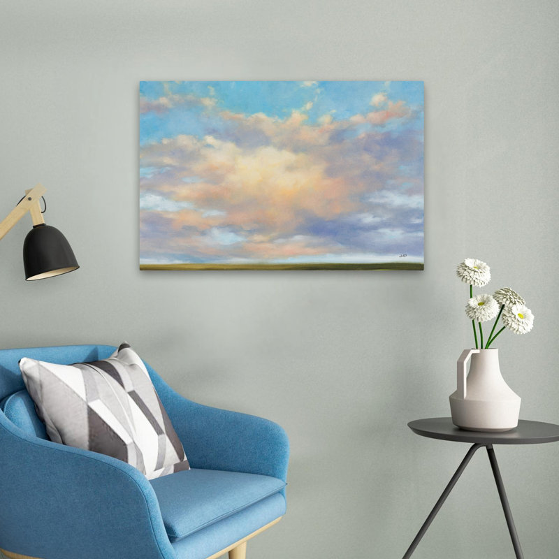 Skyscape contemporain bleu paysage blanc nuage vert, H 24 po x l 16 po