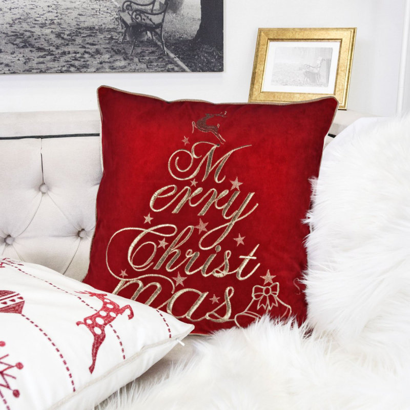 Coussin décoratif rouge en velours avec broderie Merry Christmas, 20 x 20 avec insert, Rouge « Merry Christmas »