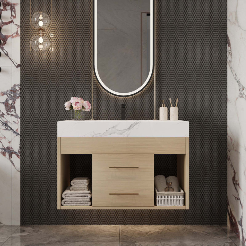 Meuble-lavabo moderne flottant avec lavabo sous-comptoir en céramique fritté à fixation murale pour petites salles de bain, appartement