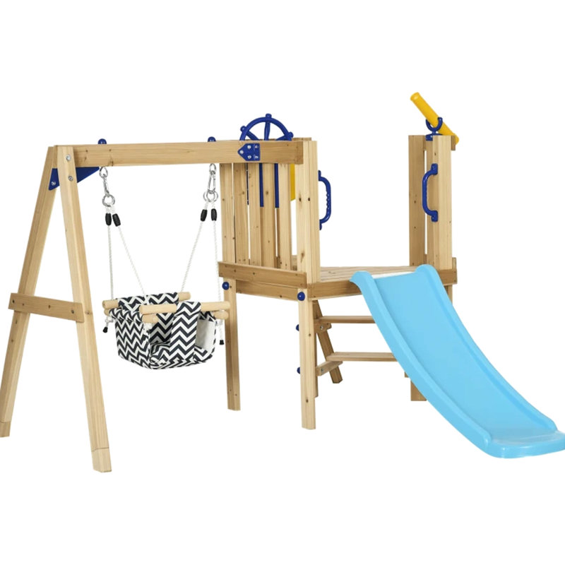 Cour arrière en bois pour balançoire, toboggan et fort de 18 à 48 mois, balançoire d'extérieur compacte avec support de grande stabilité