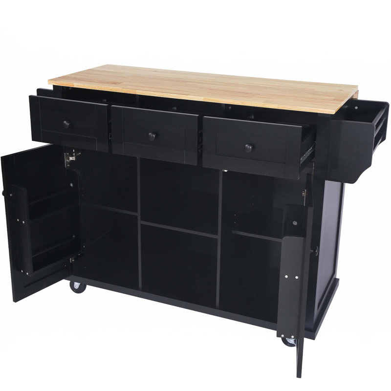 Kitchen Cart With Rubber Wood Drop-Leaf Countertop 5 Wheels  And 3 Drawers, Black