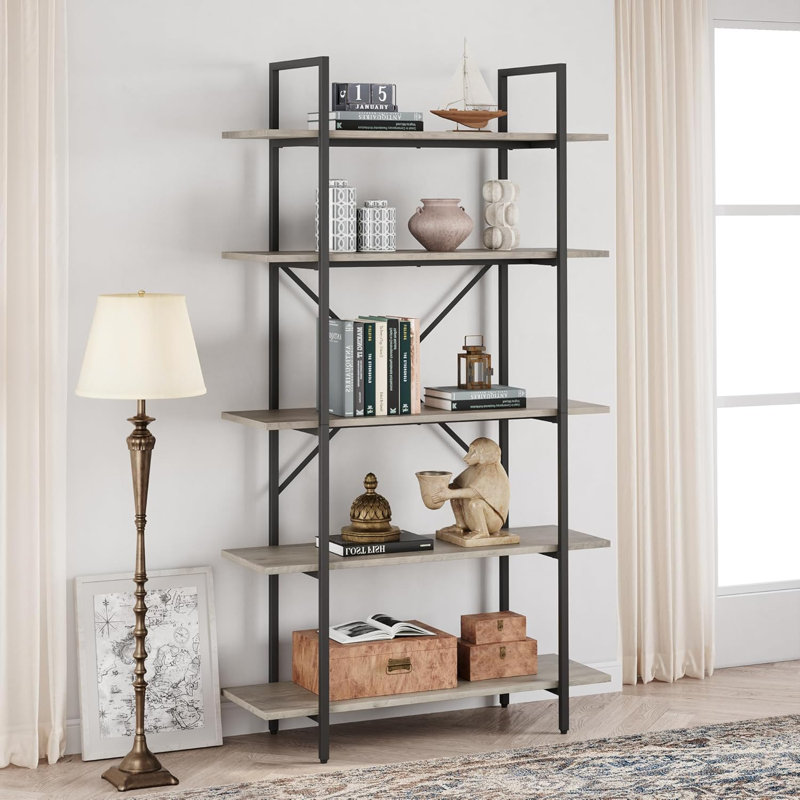 Bookshelf, 5 Tier Shelf Bookcase, Tall Bookshelf with Storage, Grey