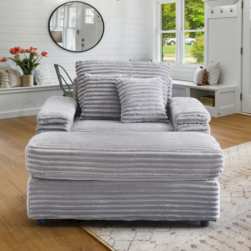 Izeyah 44"W Corduroy Chaise Lounge Sofa Chair with Ottoman for Living Room, Bedroom, Office, Gray