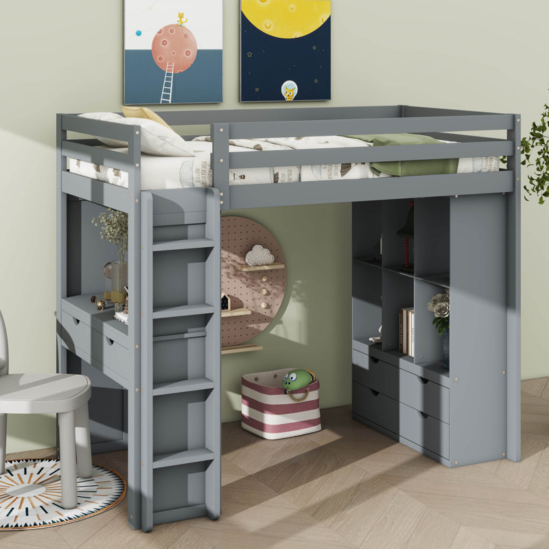 Lit mezzanine avec grandes tablettes Jonavan, Simple, gris