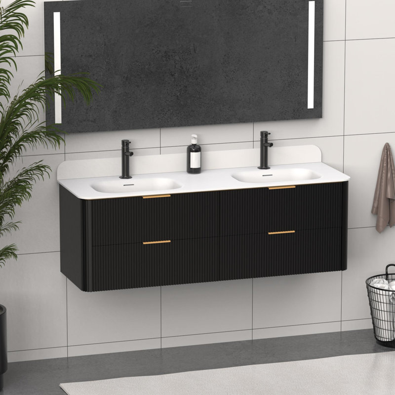 Meuble-lavabo mural avec lavabo et 4 tiroirs, Noir, chêne