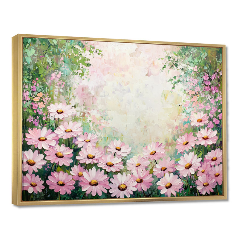 Spring Pink Daisy Symphony I - Daisies Wall Décor, 12" H x 20" W, Floater Framed Print without Mat, Gold