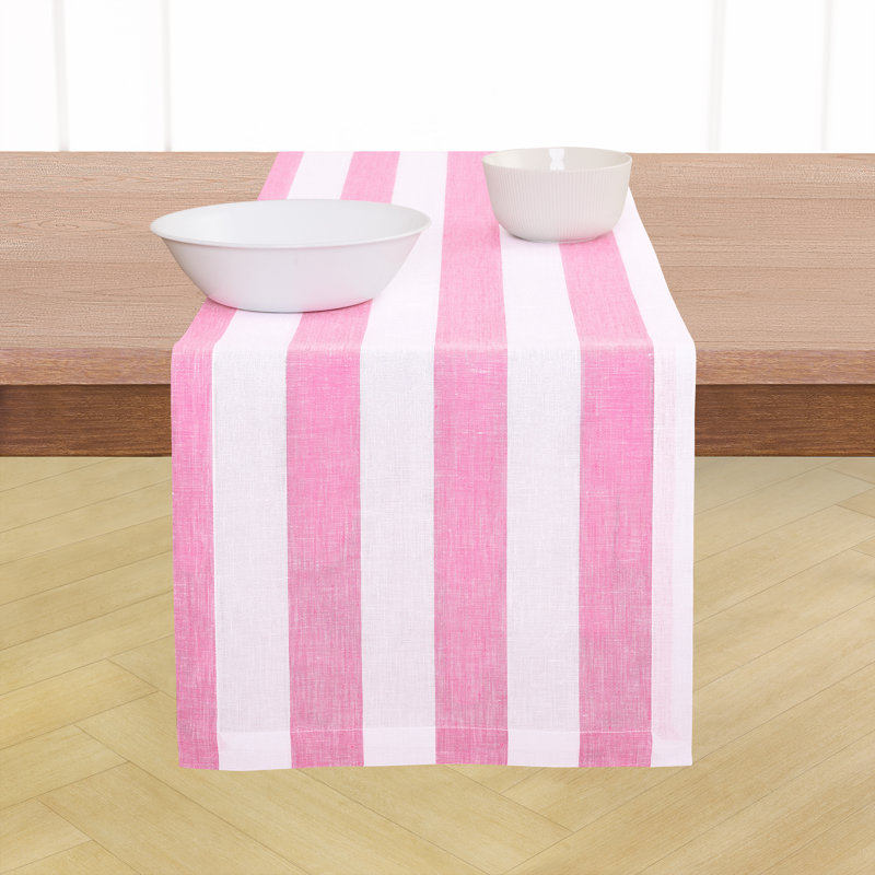 Cabana Stripe - 100% Pure Linen Table Runner, 132" x 14", Pink/White
