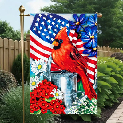 Drapeau des États-Unis avec cardinal floral 12 x 18 po, drapeau de jardin à double face, 4 juillet