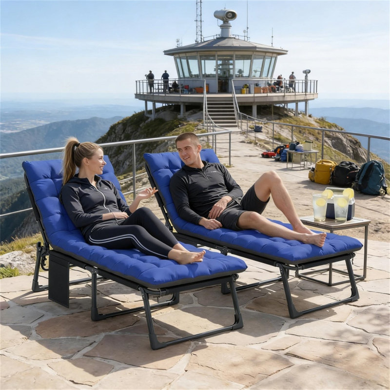 2-Piece Outdoor Folding Lounge Chairs Set, Extra Wide 26.8" Patio Recliners With 5-Position Adjustable Backrest, Removable Cushion & Breathable Mesh Seat, Side Pocket, Foldable For Easy Storage – Dark Blue