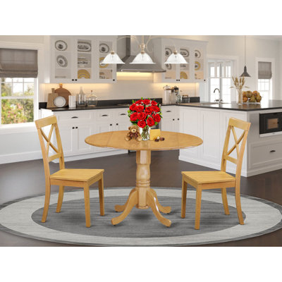 3 Piece Dining Set Contains a Round Dining Room Table with Dropleaf and 2 Wood Seat Chairs, 42x42 Inch, Oak