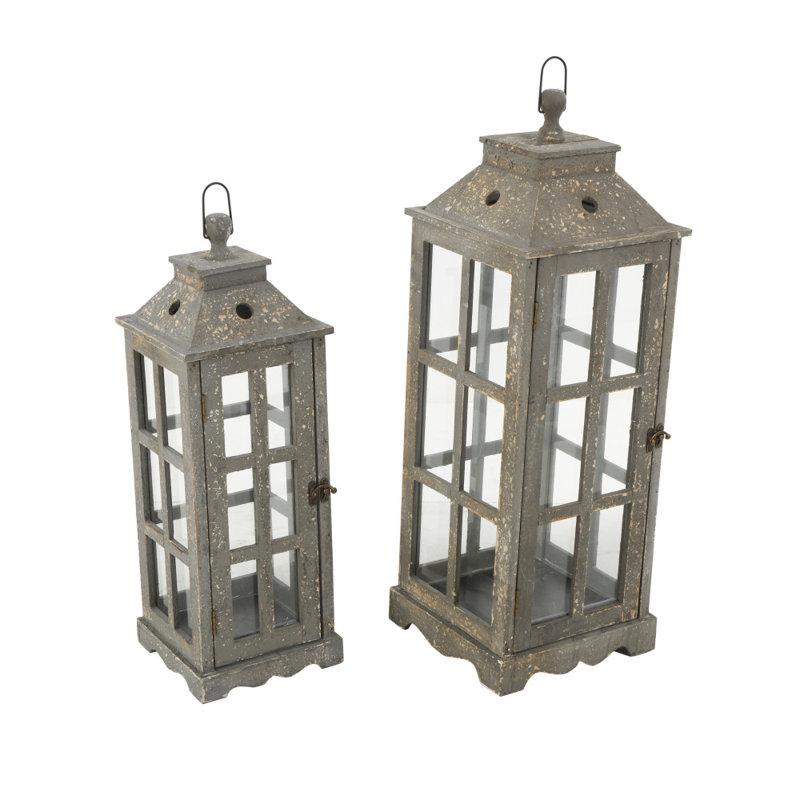2 Piece Wood Tabletop Candle Lantern Set