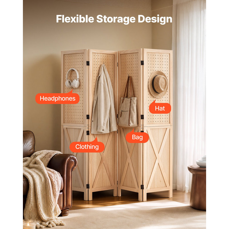 Paravent en bois à 4 panneaux perforés de 152 cm (59,8 po), pliable, avec charnières bidirectionnelles à 360°, cadre robuste à motif en X, cloison rustique en bois avec quincaillerie, idéal pour séparer les pièces et décorer votre intérieur.