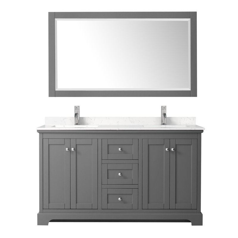 Ensemble de meuble-lavabo double 60 "avec miroir Avery, Marbre de culture de Carrare, Gris foncé, Chrome poli