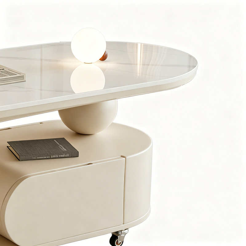 Table basse moderne de style crème, H 17,71 po x L 35,43 po x l 17,71 po, Plateau blanc / base crème