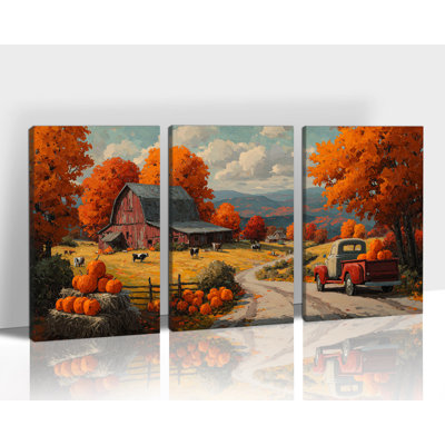 Art mural sur toile GUTTATY, citrouille d'automne rustique, images de camion rétro d'automne, décoration de citrouille vibrante pour le salon, grande peinture de récolte de l'Action de grâce pour mur de chambre à coucher, 24 po x 36 po x 3 pièces