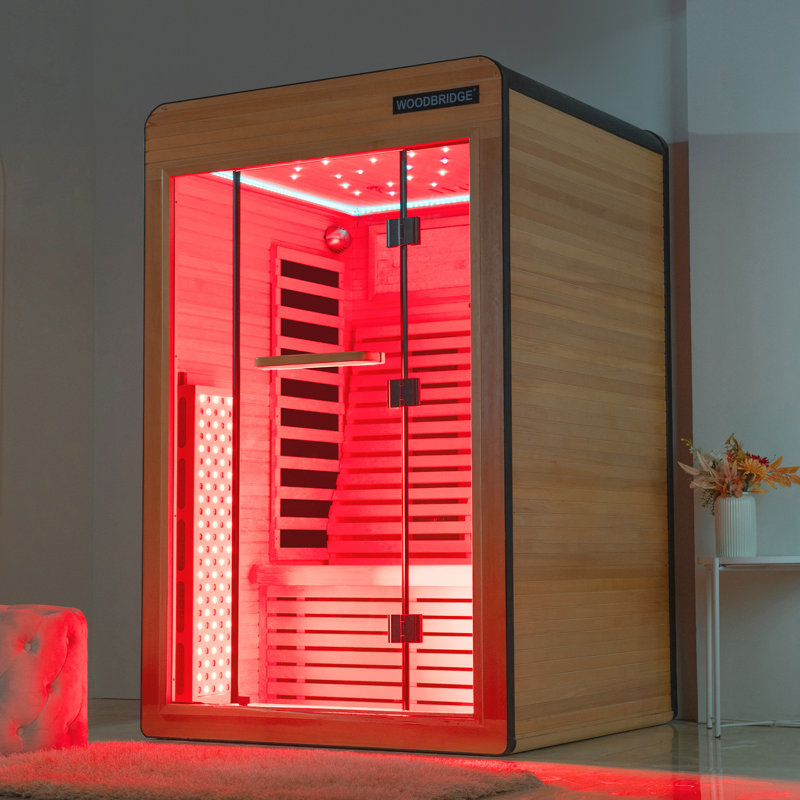 Sauna infrarouge FAR pour 2 personnes en pruche du Canada avec haut-parleur Bluetooth, panneau de commande intelligent, éclairage de chromothérapie + fonction de lumière rouge + lumières stellaires