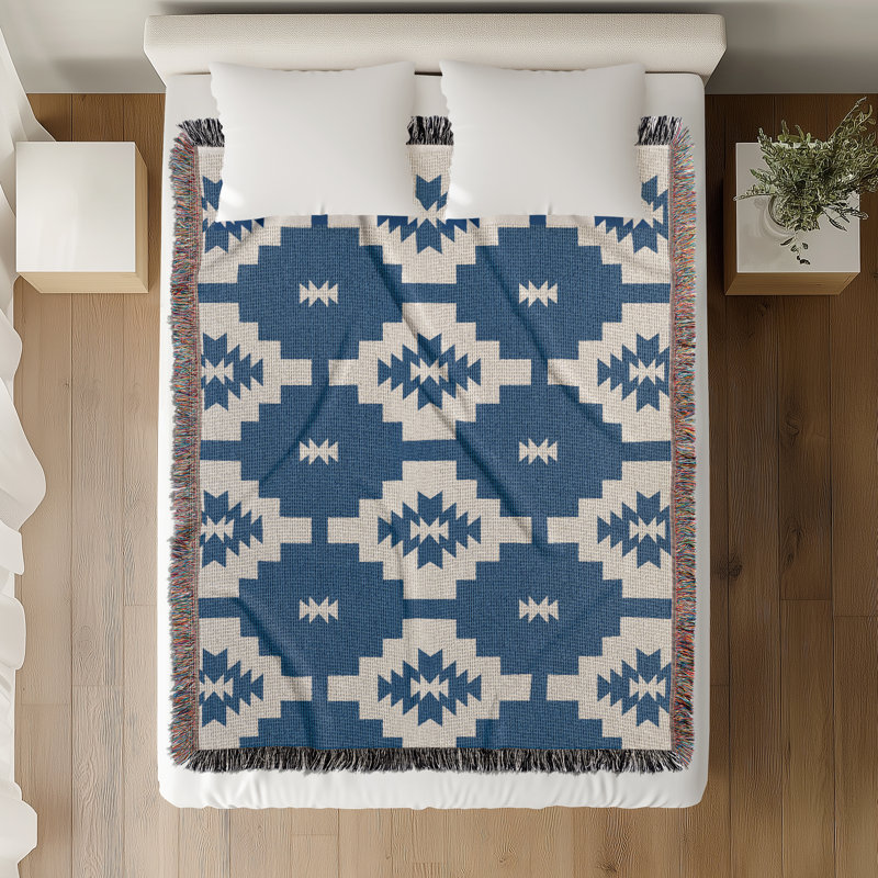 Jeté en mélange de coton Hinto South Western, Bleu / blanc cassé, L 60 po x l 50 po