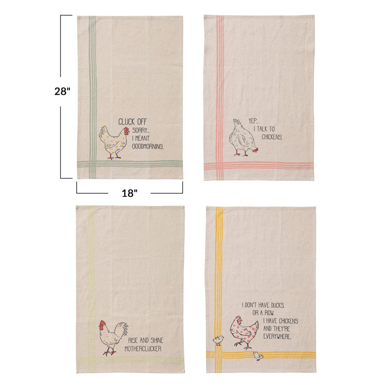 Cotton And Linen Printed Tea Towel Set With Chicken And Saying Motif