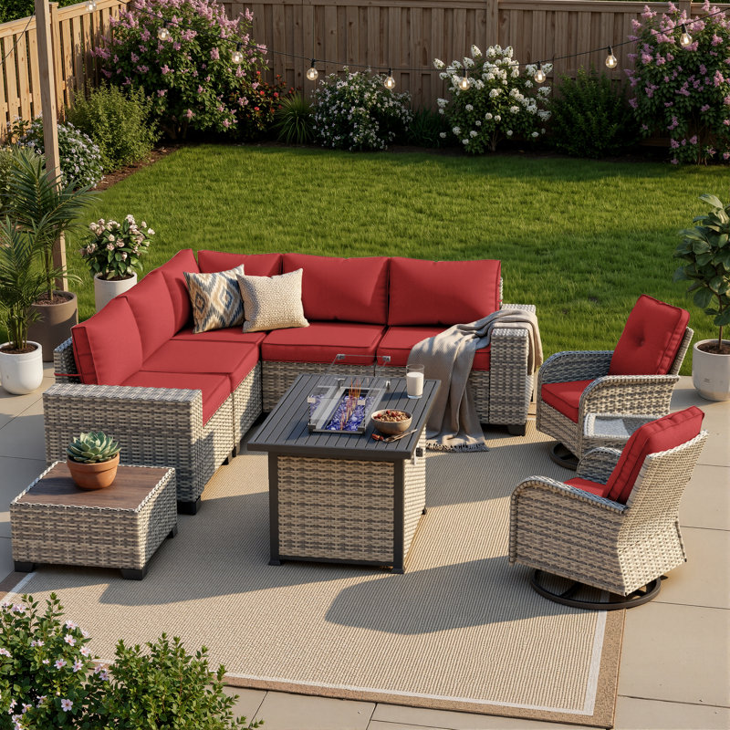 10-Piece Outdoor Patio Sectional Conversation Set With Fire Pit Table And Swivel Rocker Chairs, Red