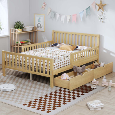 Lit plateforme minimaliste en bois avec garde-corps double et rangement sous le lit