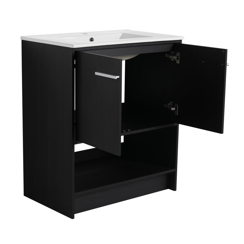 Meuble-lavabo autoportant 30 po avec lavabo en céramique, 2 portes à fermeture douce, Chêne noir