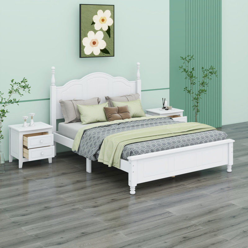 Ensemble de chambre à coucher 3 pièces, lit plateforme en bois et deux tables de chevet - Noyer foncé, Blanc
