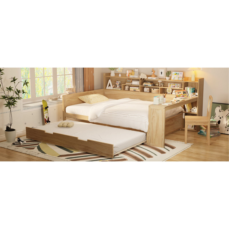 Natural Wood Daybed With Ample Storage, Twin Trundle Bed And Productive Study Space In Hue Wooden Full Size Storage Shelves, Desk, Finish