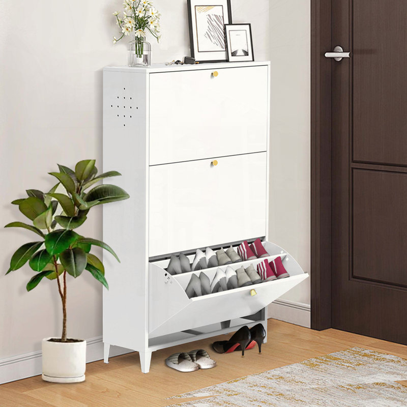 Armoire à chaussures 3 tiroirs en acier avec porte rabattable et tablettes réglables