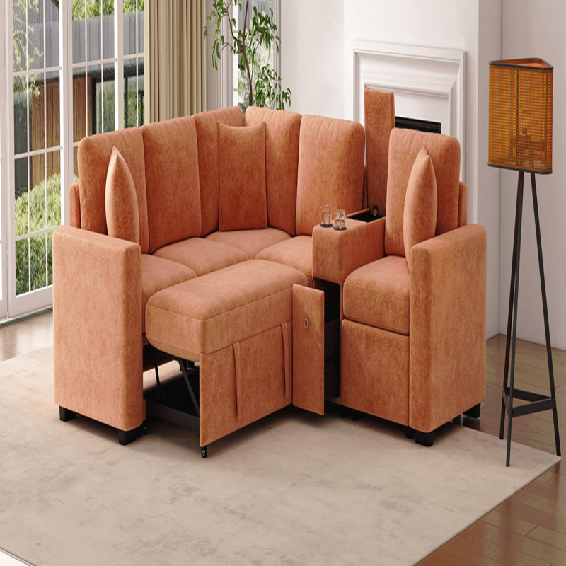Canapé-lit modulaire convertible en L 120,5 po avec canapé-lit modulaire réversible avec lit escamotable, porte-gobelets et grand espace de rangement pour le salon, orange