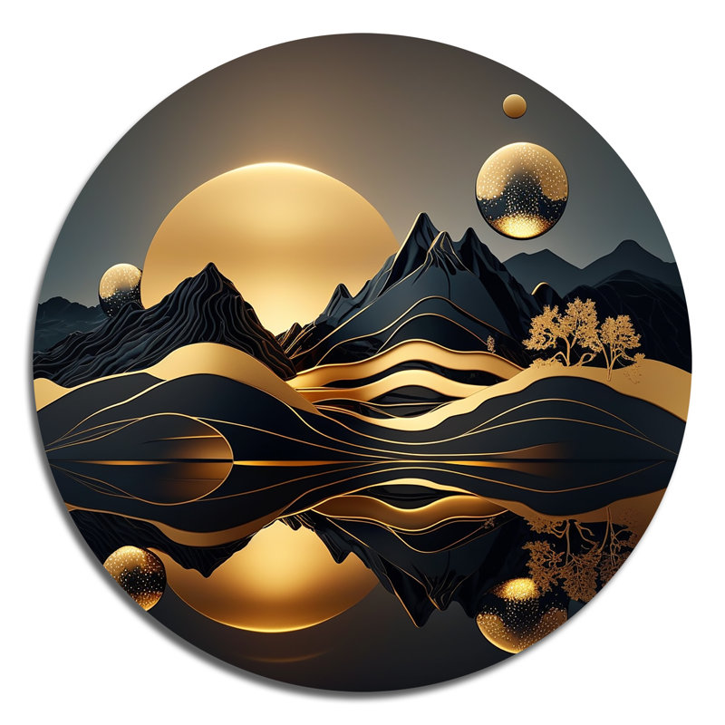 «Gold Metallic Beach View V - Minimalisme», art mural rond en métal, H 23 po x l 23 po x P 1 po