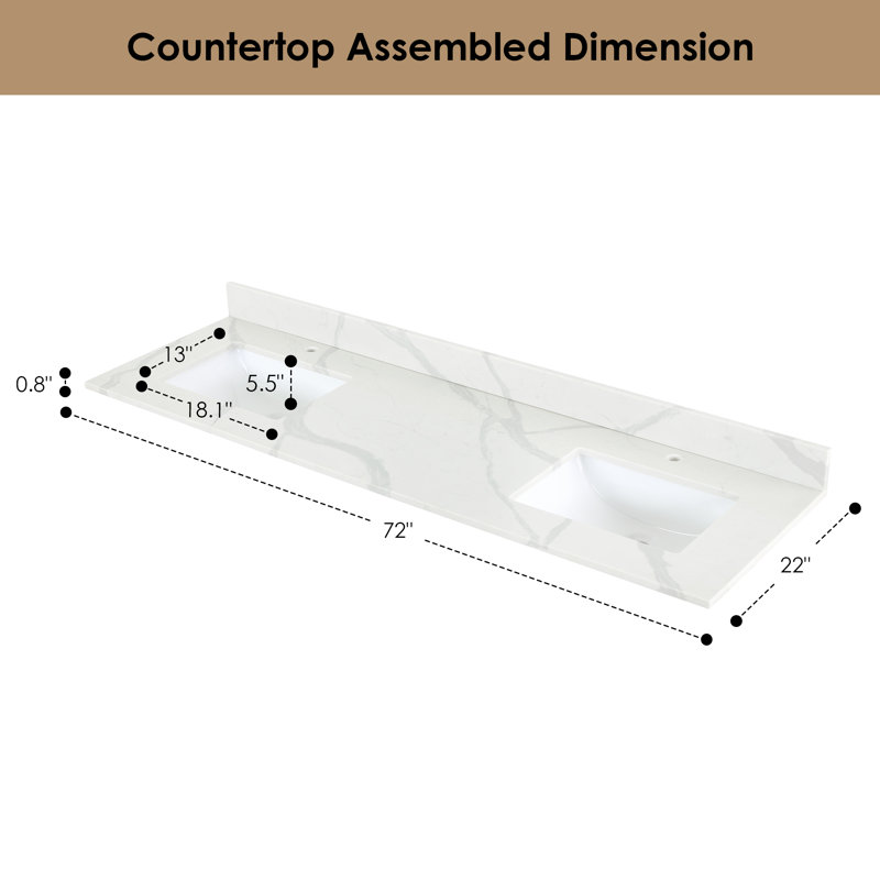 Arbios 72"  Quartz Double Vanity Top with Sink Faucet Holes, Single