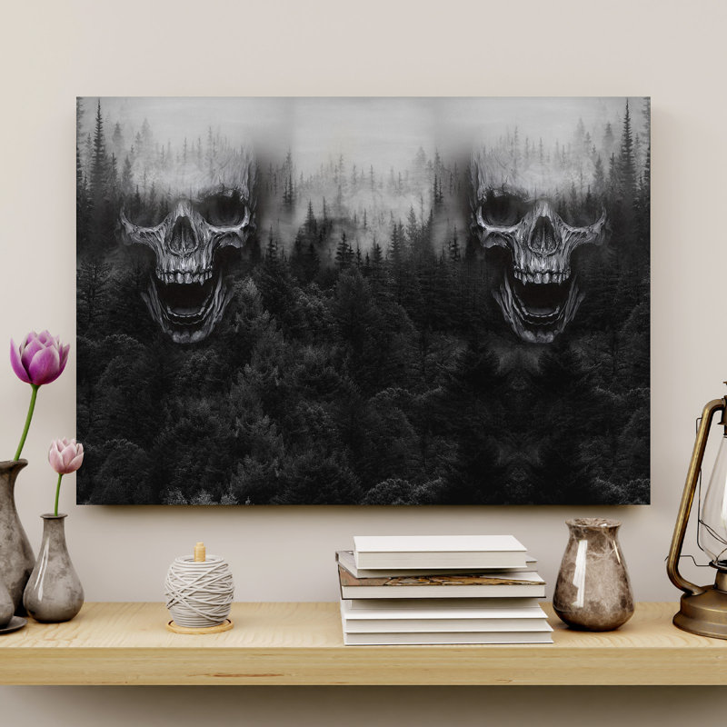 Smokey Skulls Gallery Wrapped Canvas - Skull Illustration Decor, Black And Grey Home Decor