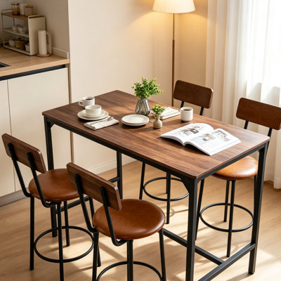 Bar Table Set 5-Piece Rectangular Pub Table with 4 Stools, Wood Counter Height Dinette with Rounded Edges, Space-Saving Kitchen Bar Set for Living Room, Dining Room & Apartment