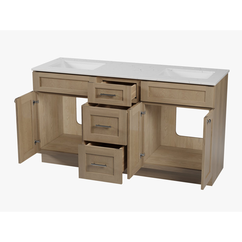 Meuble-lavabo double autoportant 63 po avec plateau en quartz Carrara, 63 po, 3 tiroirs, Chêne naturel