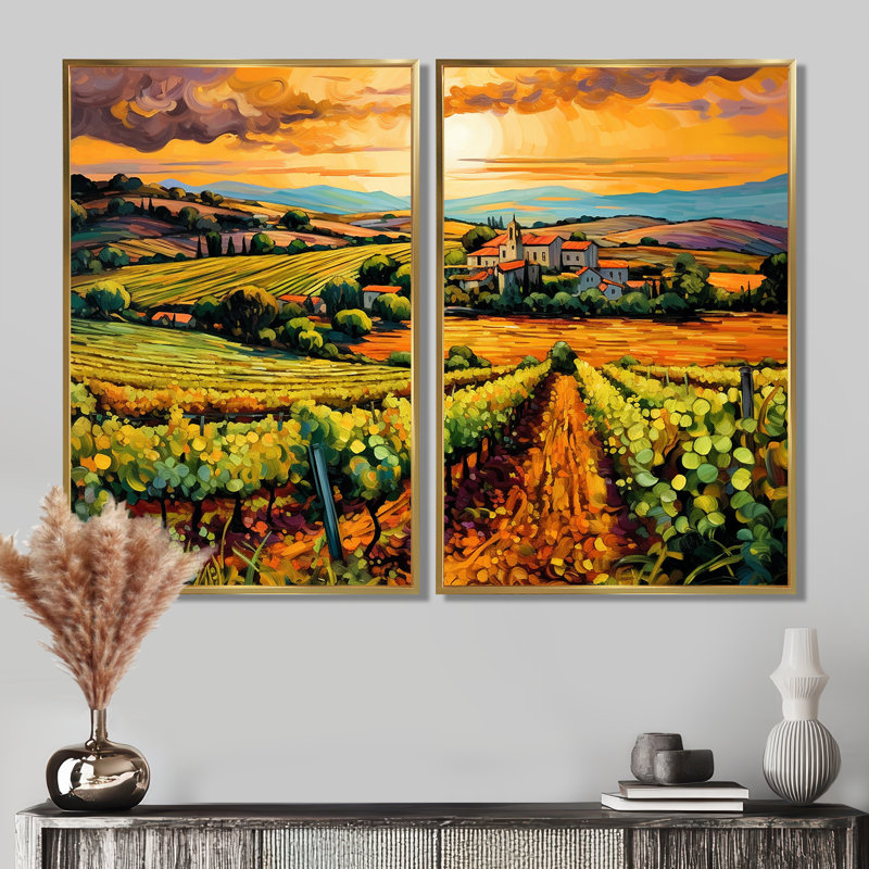 «Vangogh Sunlit Vineyard I», art mural jaune, 36" H x 48" W, Floater Framed Print without Mat, Gold