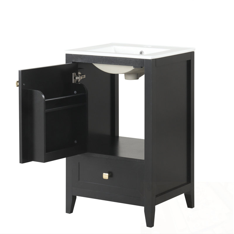 Meuble-lavabo de salle de bain avec lavabo, porte à fermeture douce, support de rangement et tiroir, Noir