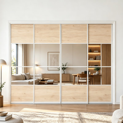 Sliding Closet Door with Wood & Mirror Panels, Customizable 4-Panel Layout, Track & Hardware Included