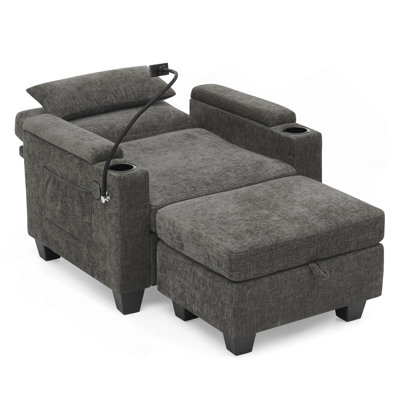 Single Sofa Recliner With Manually Adjustable Backrest, USB Charging Port On The Armrest Side, Phone Stand Included, Hidden Armrest Storage, And A Matching Storage Ottoman