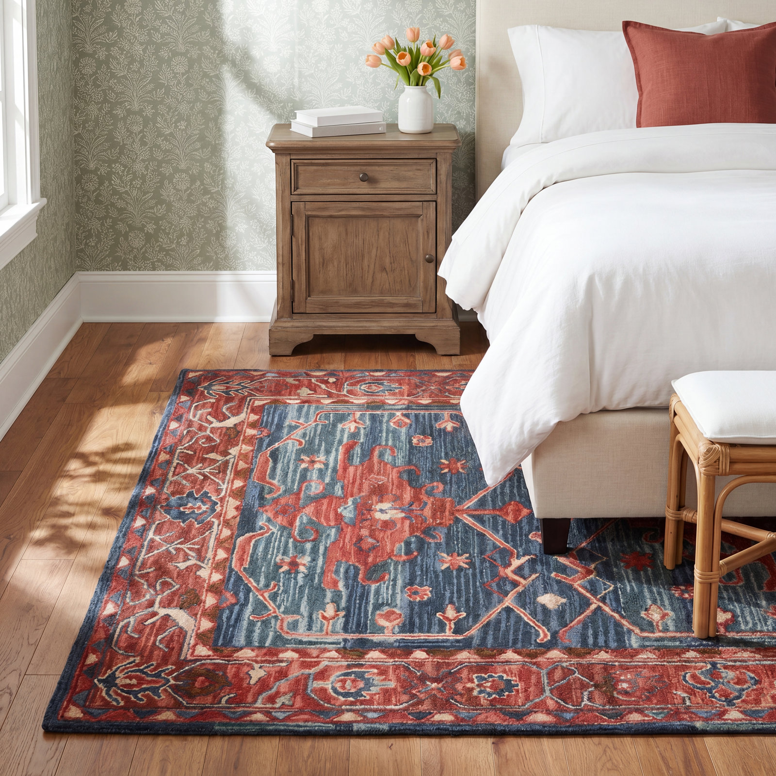 Red Blue Hand-Tufted Wool Oriental Rug, Rectangle 10' x 14'