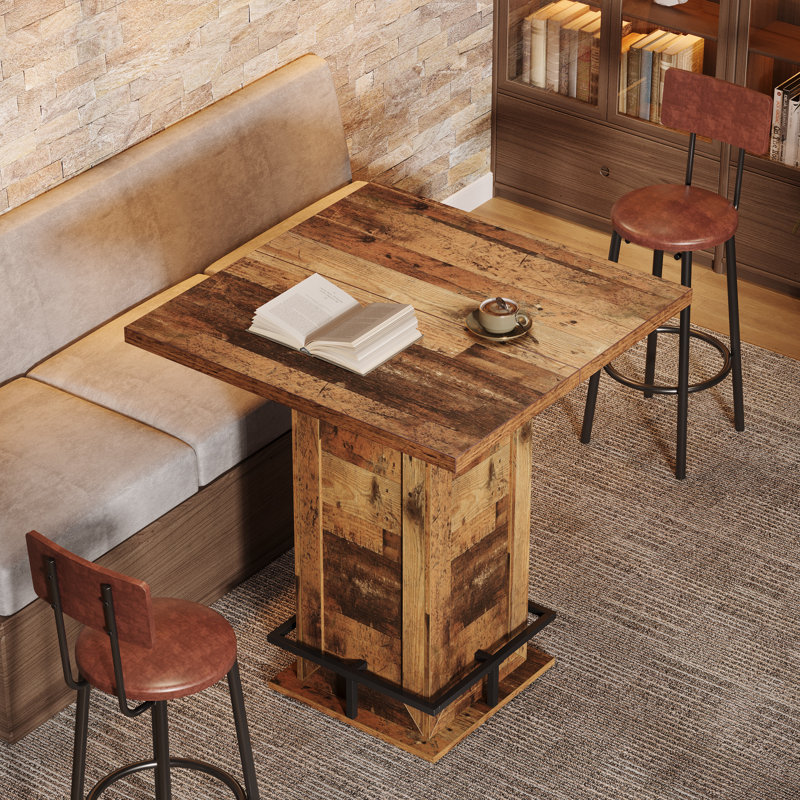 39.4" H Bar Height Table, Square High Bistro Pub Cocktail Table with Metal Footrest, Rustic Brown, Dark Brown