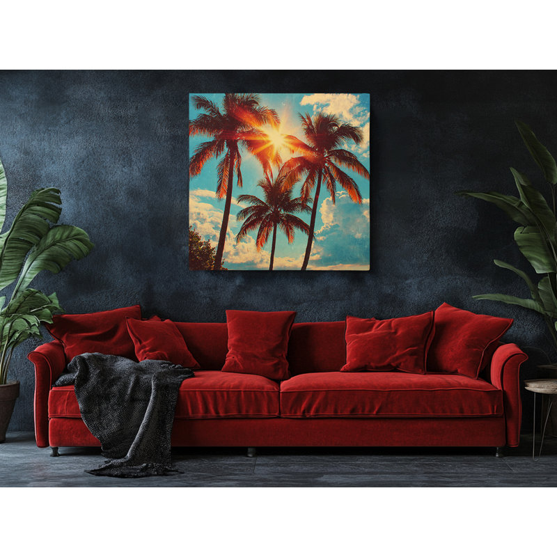 «Tropical Palm Trees Sunset», impression sur toile tendue sur toile, bleu côtier et plage orange, 30 po x 30 po