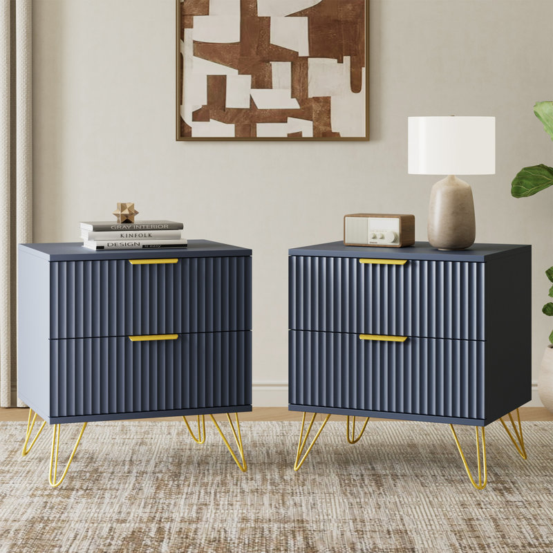 Table de chevet cannelée avec 2 tiroirs, Blue