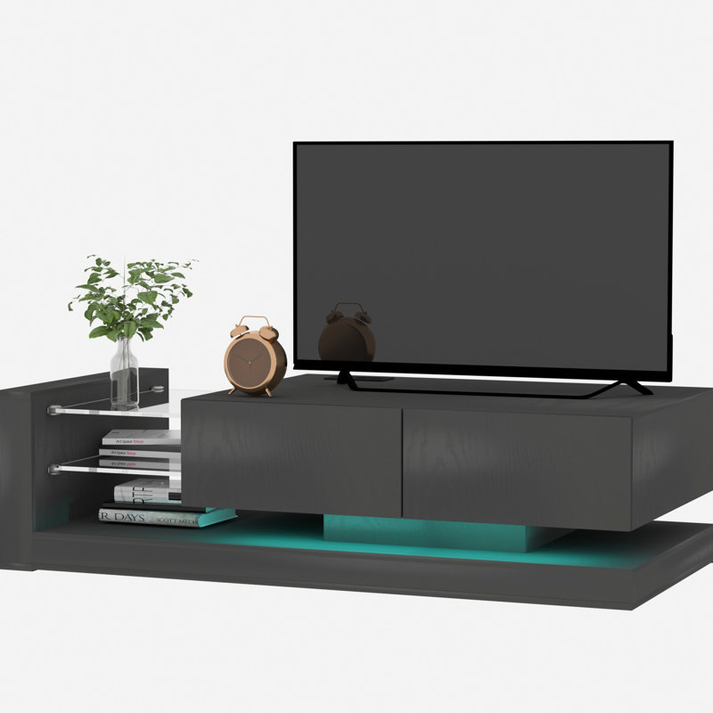 Meuble télé 75 po avec rangement abondant, télécommande et télécommande, console moderne noire à 90% de 75 po, lumières contrôlées par