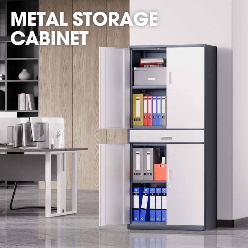 71" Lockable Heavy Duty Metal Storage Cabinet W/ Drawer&Adjustable Shelves, Gray/White