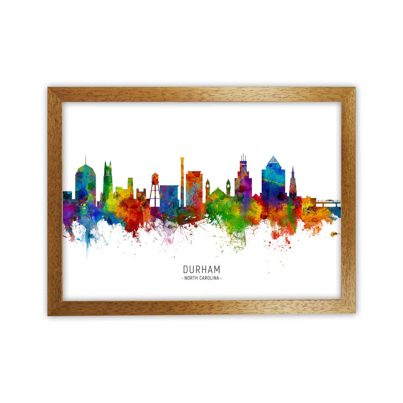 Durham North Carolina Skyline by Michael Tompsett - Print, Brown Framed, 34cm H x 46cm W x 3cm D