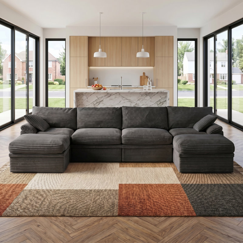 142"W Cloud Modular Sectional Sofa, 6-Piece U Shaped Corner Couch with Hidden Storage and 2 Ottomans, Modern Minimalist Corduroy Upholstered Boneless Sofa for Living Room, Extra Deep Seat, Easy Assembly Required