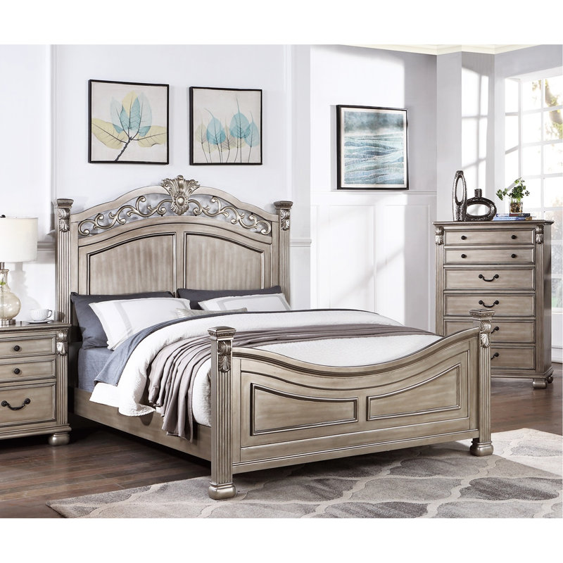 Bedroom Bed, Traditional Style With Moulding Silver, Classic Bedframe